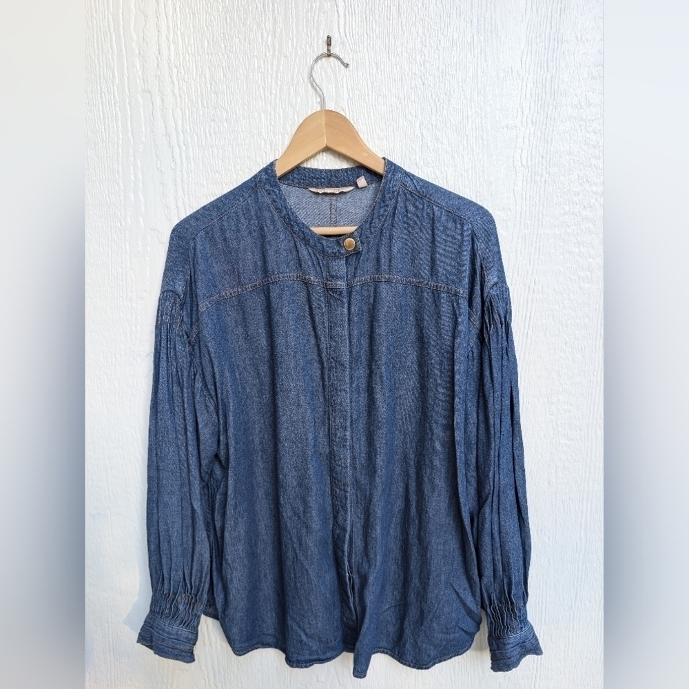 Soft Surroundings Linen Blend Blue Denim Jean Long Sleeve Top Size Large
